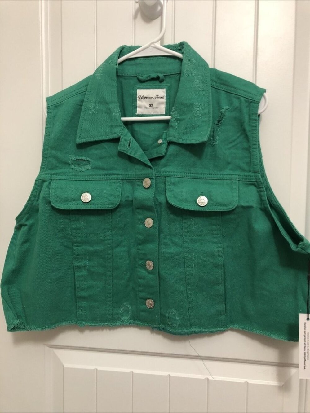 Highway Jeans Denim Vest Women's 1X Green Sleeveless Distressed Cropped